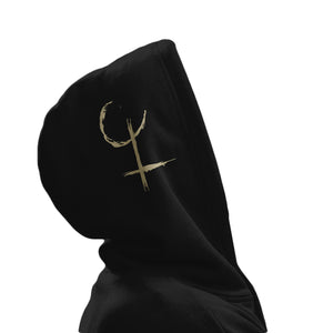 image of the hood part of a black pullover hoodie on a white background. there is a cream print on the side of lilith czar's logo of a half circle and upside down cross.