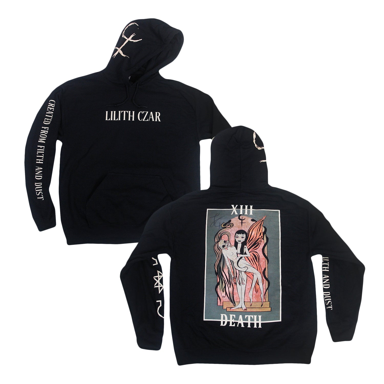 image of the front and back of a black pullover hoodie on a white background. front of the hoodie is on the left and has a cream center chest print that says lilith czar. the left sleeve says created from filth and dust and the right sleeve has three symbols. the back of the hoodie is on the right and has a full print of the death tarot card with a cartoon image of lilith