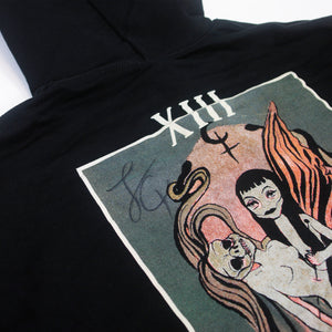 close up image of the back of a black pullover hoodie showing the signature of Lilith Czar