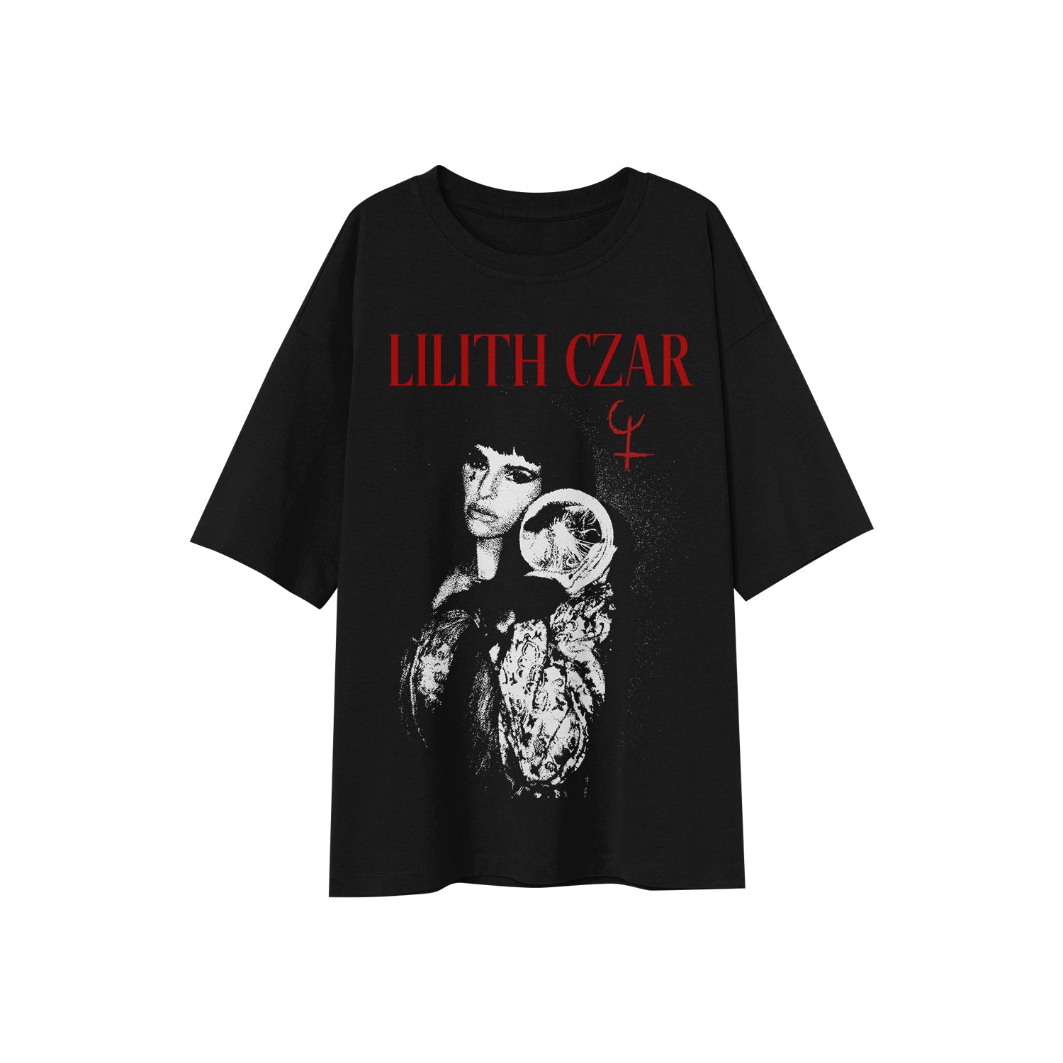 image of a black tee shirt on a white background. tee has full body print. at the top in red says lilith czar with her logo. below is a black and white image of lilith holding a crystal ball