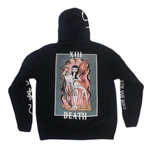 image of the back of a black pullover hoodie on a white background. hoodie has a full print of the death tarot card with a cartoon image of lilith