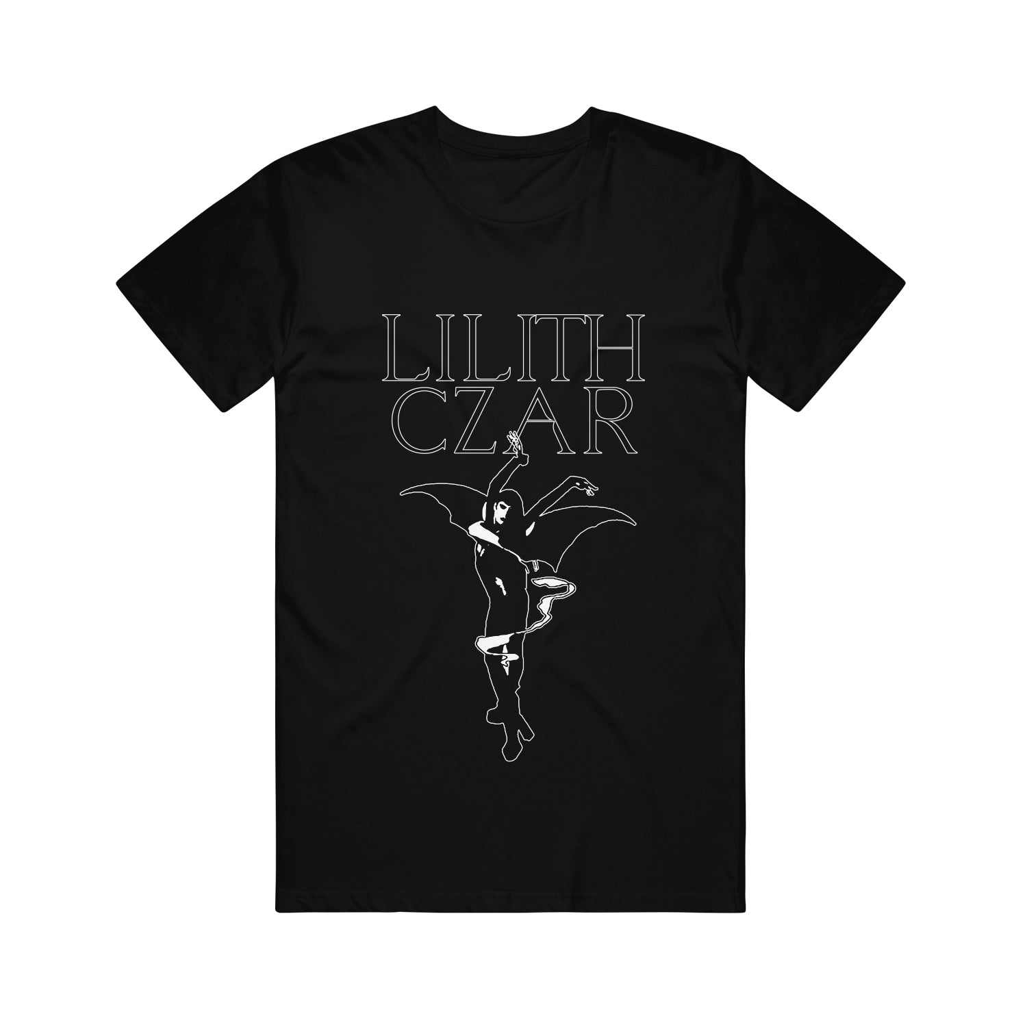 Black tshirt on a white background. The shirt says Lilith Czar in white outlined lettering and below that is an image of a woman with wings, and she looks like she is dancing.