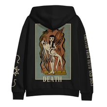 image of the back of a black pullover hoodie on a white background. hoodie has a full print of the death tarot card with a cartoon image of lilith